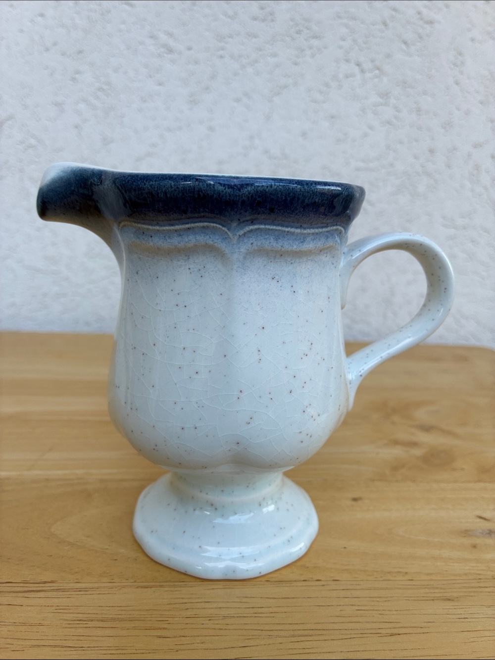 Mikasa Country Club creamer. Blue & white. Ceramic pedestal pitcher